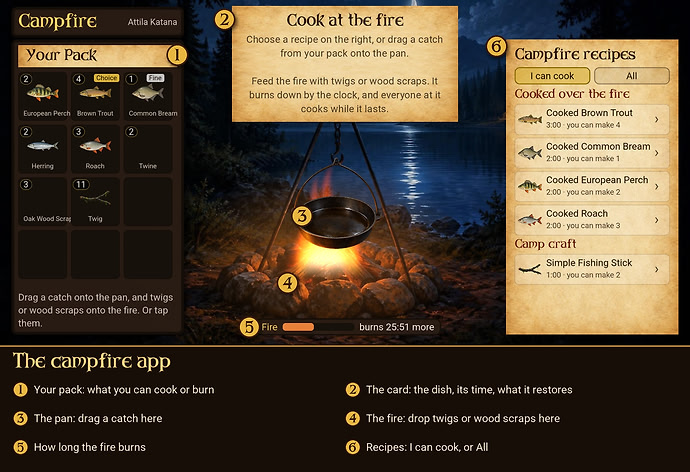 The campfire app: your pack, the fire and pan, and your recipes