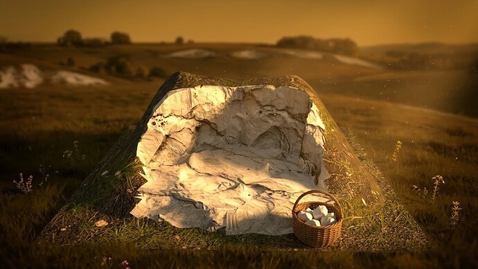 The Chalk Pit at golden hour: a turf-capped mound with a white chalk face, and a small wicker basket of chalk beside it