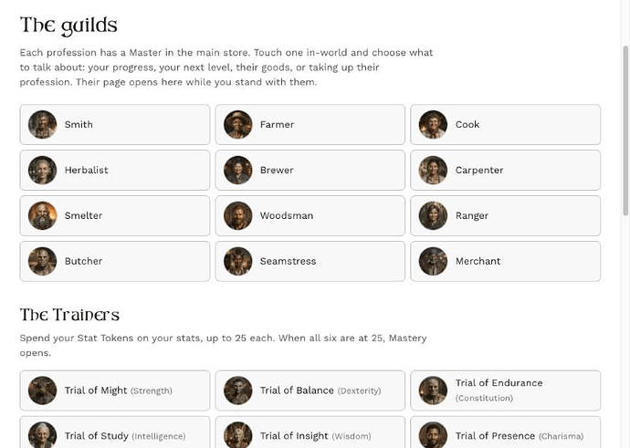 The guilds: twelve Masters, six Trainers