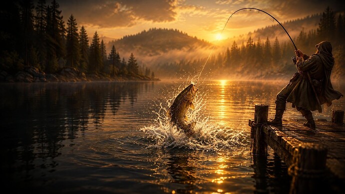 An angler on a jetty at golden hour, rod bent double, a big trout leaping in a burst of spray