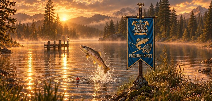 The Fishing Spot flag on a golden-hour lakeshore, a brown trout leaping beside a red and white float