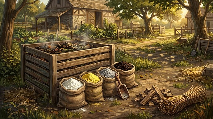 A wooden compost bin with four sacks in front: white lime, yellow sulphur mulch, grey wood ash and dark compost