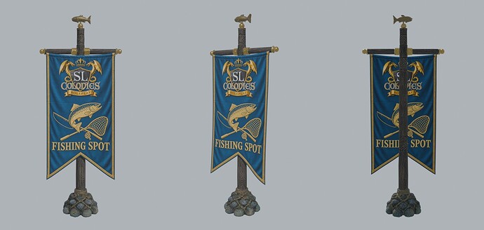 The Fishing Spot flag: a blue banner with the SL Colonies Roleplay crest, a trout with rod and net, and the words FISHING SPOT, on a carved pole with a trout finial