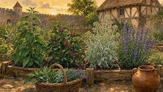 Nettle, star anise, wormwood and hyssop growing in a walled herb garden