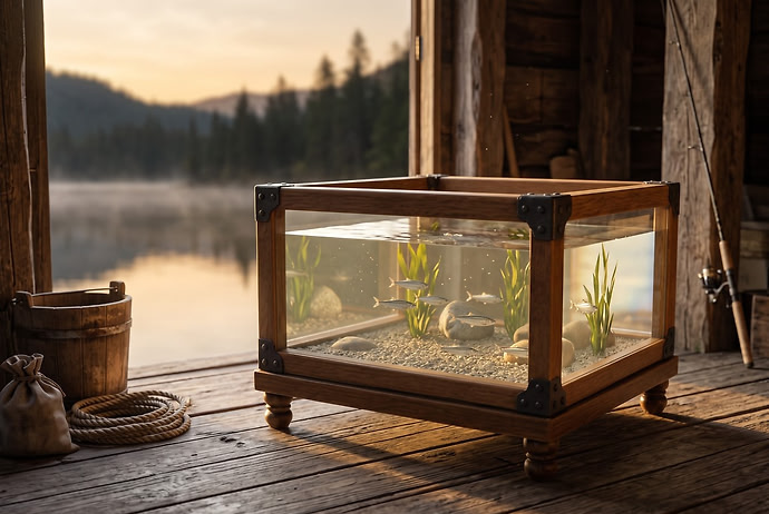 The Bait Tank, an oak-framed glass tank with iron corner brackets, standing in a lakeside boathouse at golden hour, small silver bait fish swimming over gravel and water weed